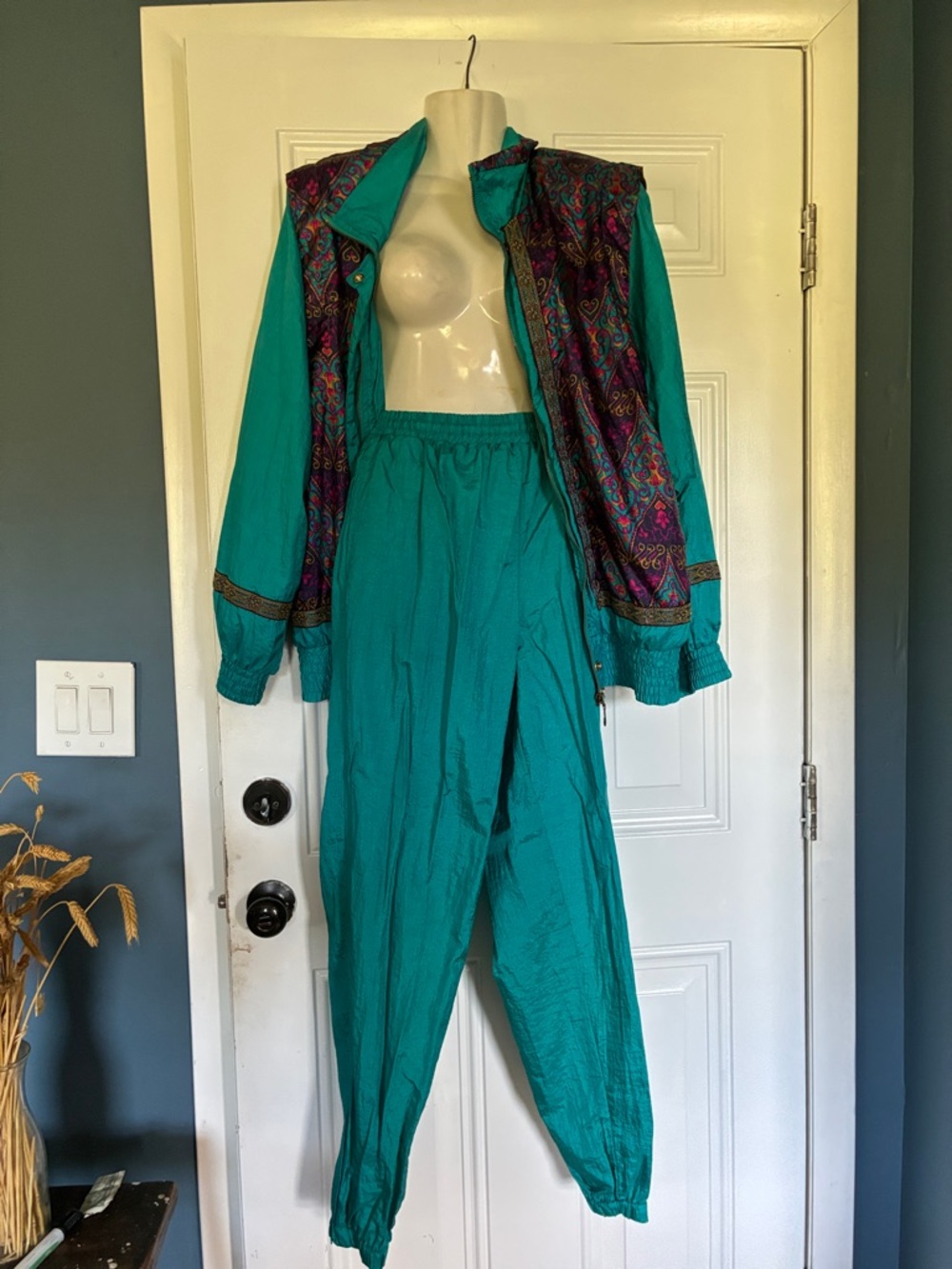 Vintage Teal Jumpsuit with Patterned Jacket